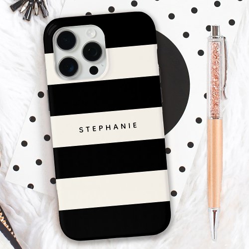 Classic Black and Eggshell White Stripes with Name iPhone 15 Pro Max Case