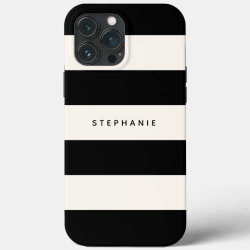 Classic Black and Eggshell White Stripes with Name iPhone 13 Pro Max Case