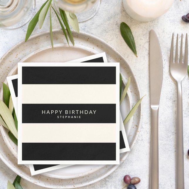Classic Black and Eggshell White Stripes with Name Napkins (Creator Uploaded)