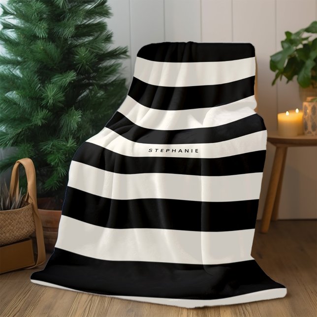 Classic Black and Eggshell White Stripes with Name Sherpa Blanket (Creator Uploaded)