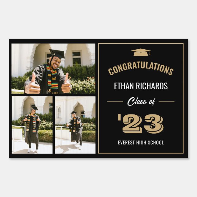 Classic Black and Gold 3 Photo Graduation Sign (Front)