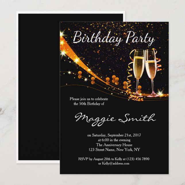 Classic Black and Gold Birthday Party Invite (Front/Back)