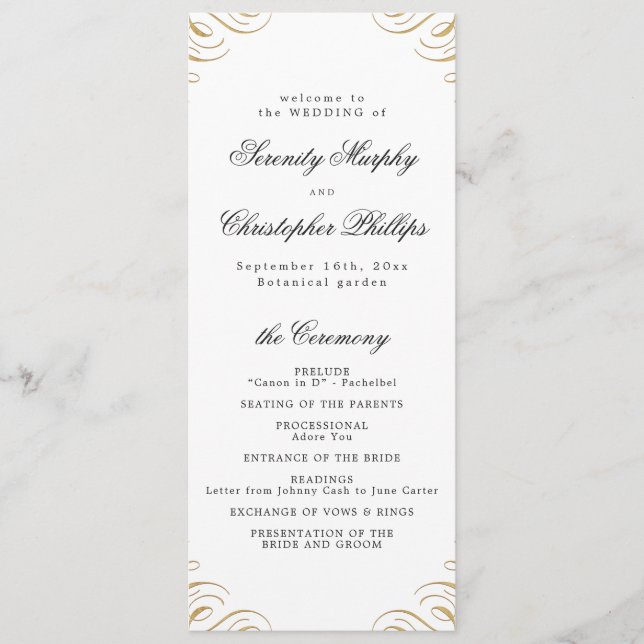 Classic black and gold Calligraphy Wedding Program (Front)