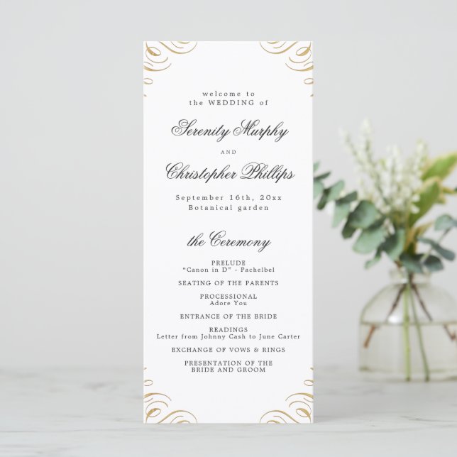 Classic black and gold Calligraphy Wedding Program (Standing Front)