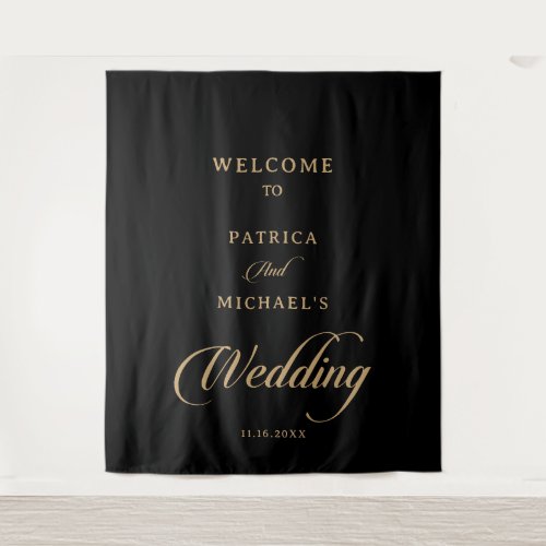 Classic Black and Gold Calligraphy Wedding Welcome Tapestry