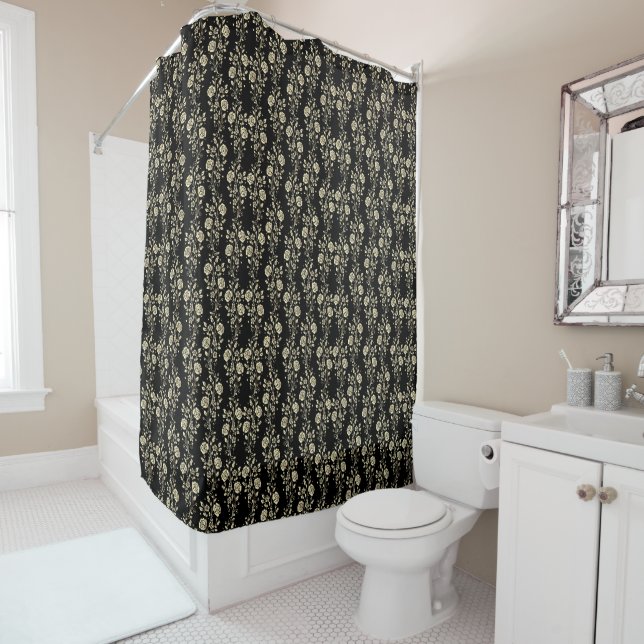Classic black and gold floral shower curtain (In Situ)
