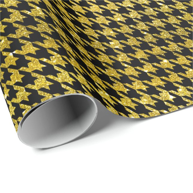 Classic Black and Gold Houndstooth Pattern  Wrapping Paper (Roll Corner)