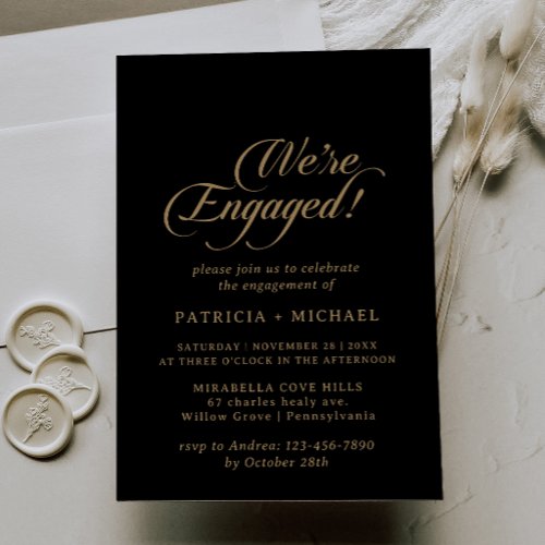 Classic Black and Gold Minimal We're Engaged Invitation