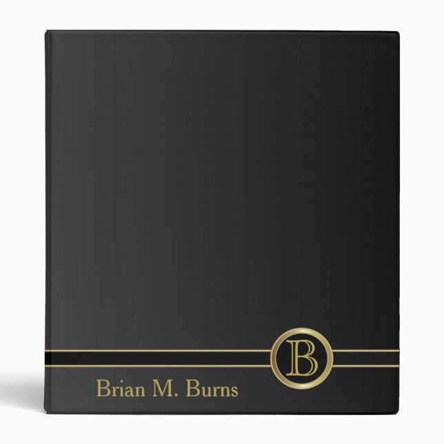 Classic Black and Gold Monogram Design 3 Ring Binder (Front)