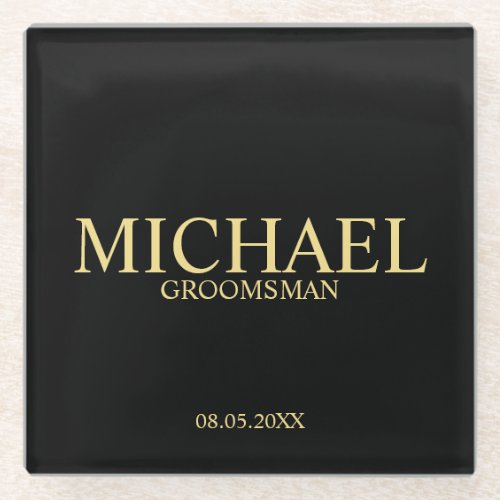 Classic Black and Gold Personalized Groomsmen Glass Coaster