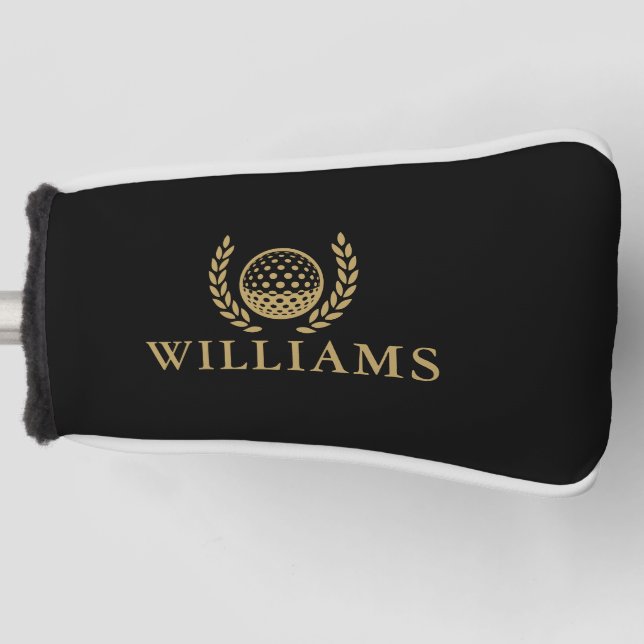 Classic Black And Gold Personalized Name Monogram Golf Head Cover (Front)