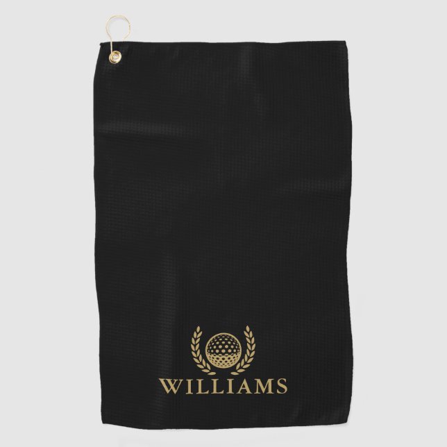 Classic Black And Gold Personalized Name Monogram Golf Towel (Front)