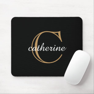 Classic Black and Gold Script Monogram Mouse Pad