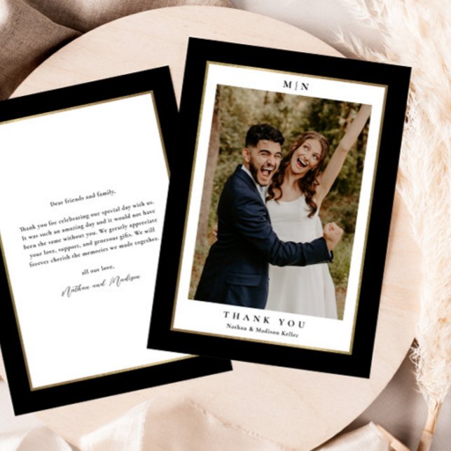 Classic Black and Gold Wedding Photo Thank You Card (Elegant black and gold wedding photo thank you card.)