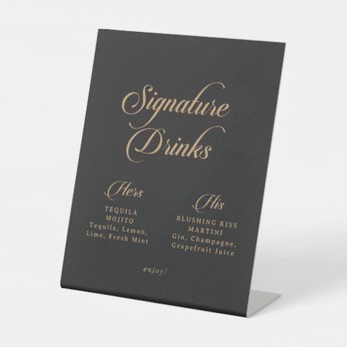 Classic Black and Gold Wedding Signature Drinks Pedestal Sign