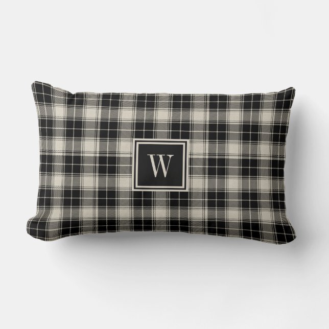Classic Black and Off-White Plaid with Monogram Lumbar Pillow (Front)