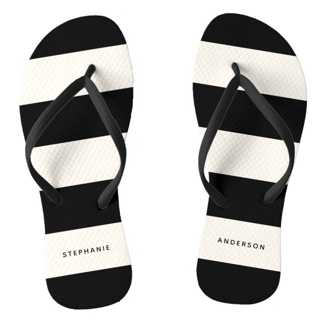 Classic Black and Off-White Stripes with Name Flip Flops (Footbed)