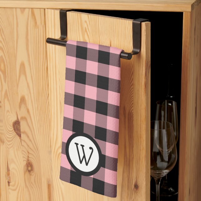 Classic Black and Pink Buffalo Plaid with Monogram Kitchen Towel (Thirds Fold)