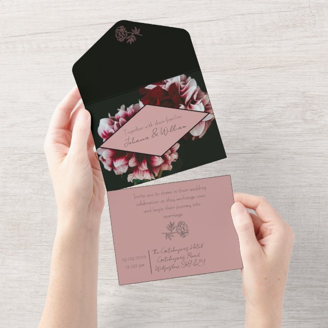 Classic Black and Pink Peonies Wedding All In One Invitation (Tearaway)