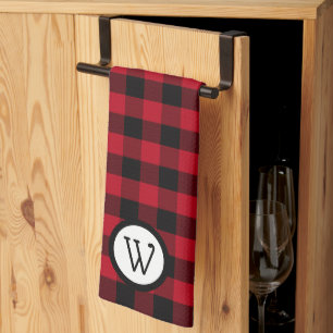 Classic Black and Red Buffalo Plaid with Monogram Kitchen Towel