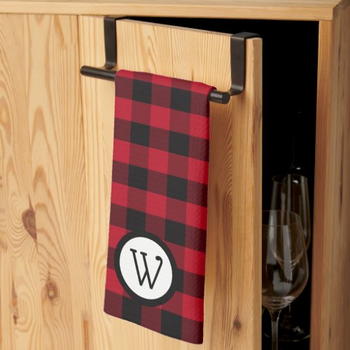 Classic Black and Red Buffalo Plaid with Monogram Kitchen Towel