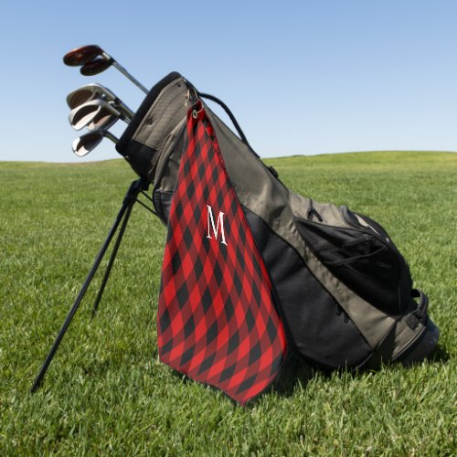 Classic Black and Red Diamond Pattern and Monogram Golf Towel
