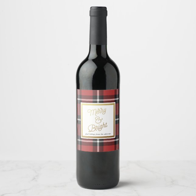 Classic Black and Red Holiday Plaid Wine Label (Front)