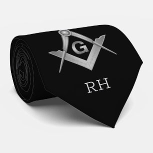 Classic Black and Silver Masonic Monogrammed Neck Tie