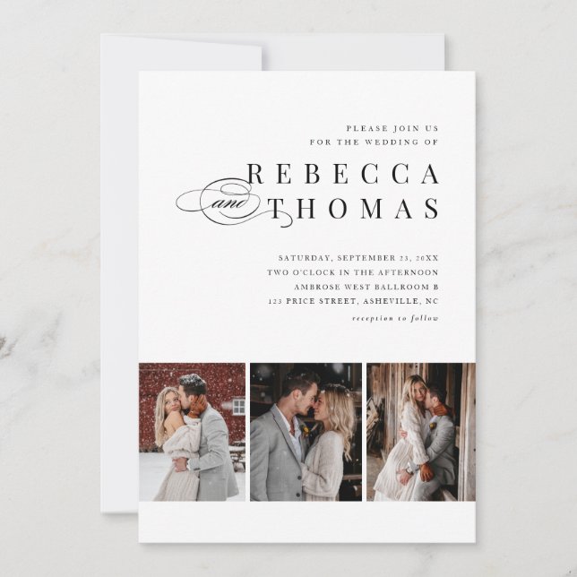 Classic Black and White 3 Photo Wedding  Invitation (Front)