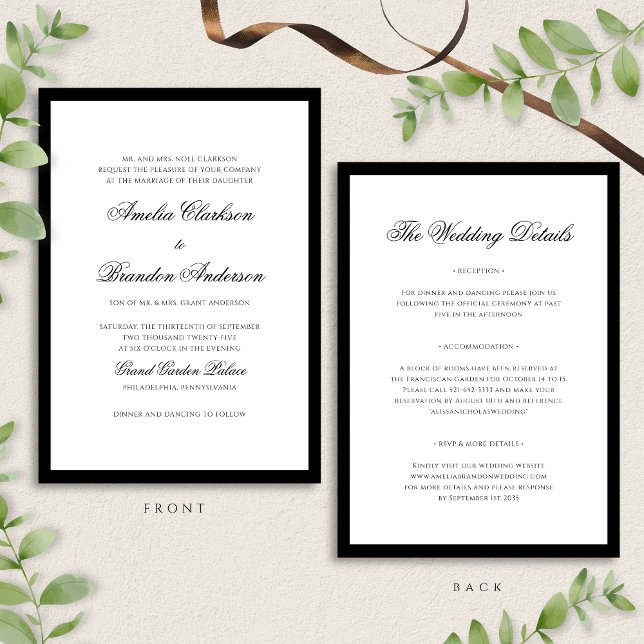 Classic Black and White Border Wedding Details &  Invitation (Creator Uploaded)