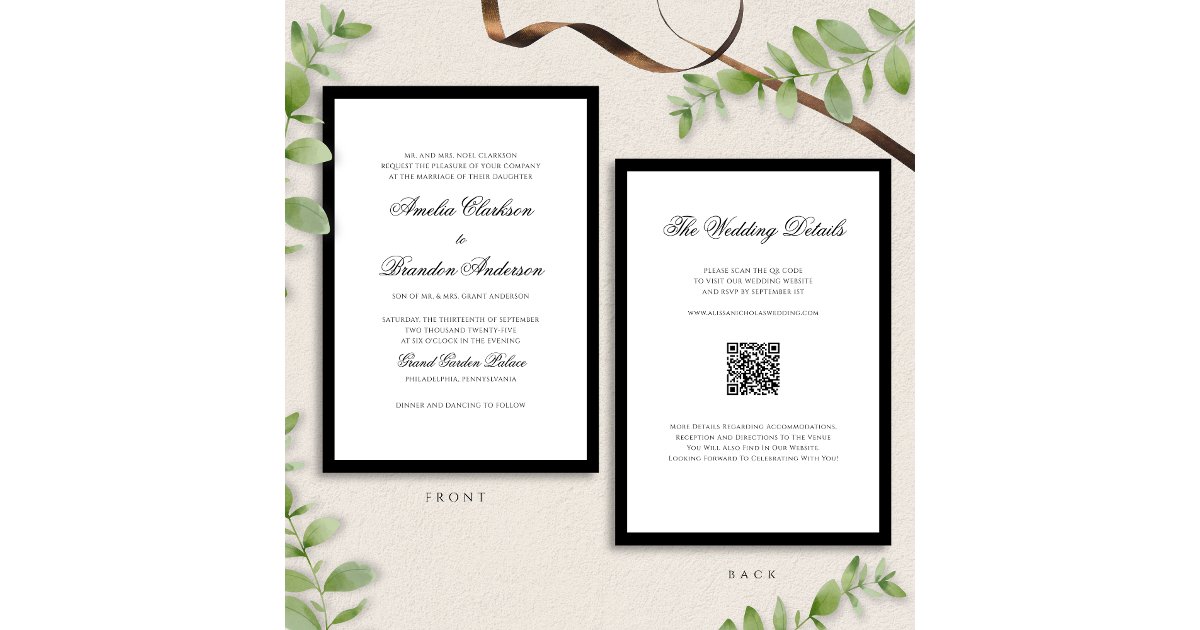 Classic Black and White Border Wedding QR Code Invitation | Zazzle