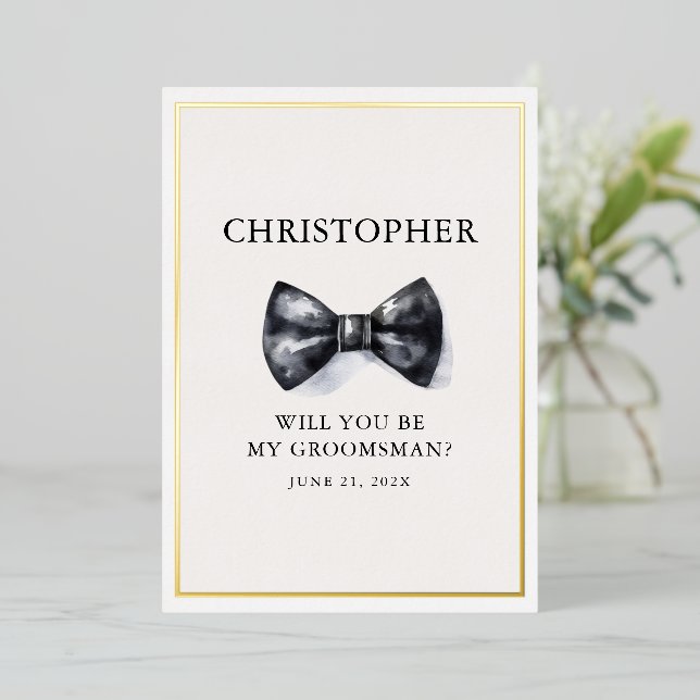 Classic Black and White Bow Tie Groomsman Foil Invitation (Standing Front)