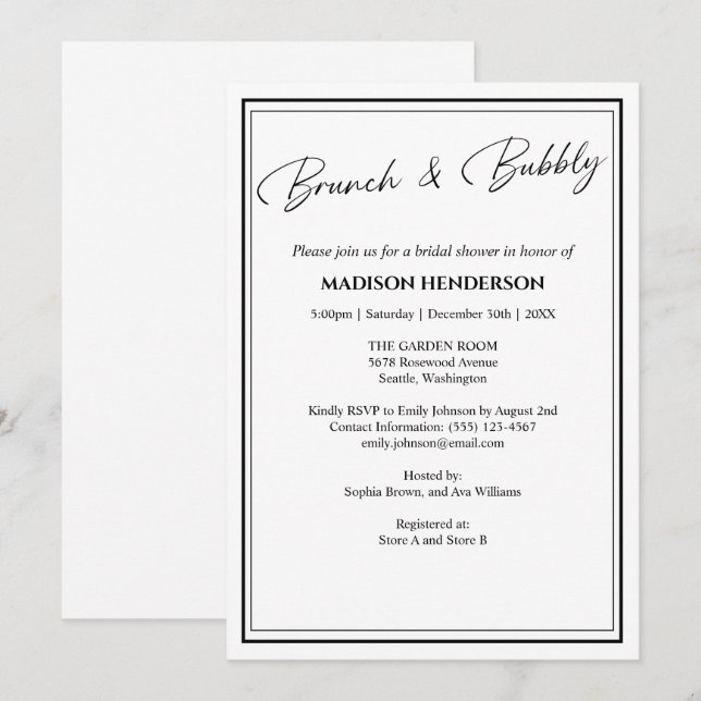 Classic Black and White Bridal Shower Brunch Invitation (Front/Back)