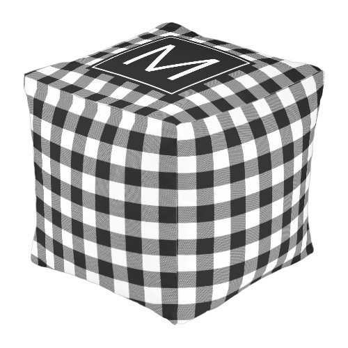 Classic Black and White Buffalo Plaid Monogrammed Outdoor Pouf
