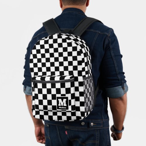 Classic Black and White Checkered Monogram Name Printed Backpack