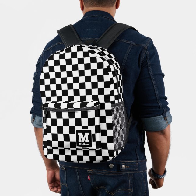 Classic Black and White Checkered Monogram Name Printed Backpack (Insitu (Model))