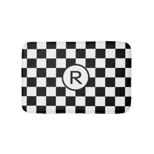 Classic Black and White Checkered Pattern Monogram Bath Mat