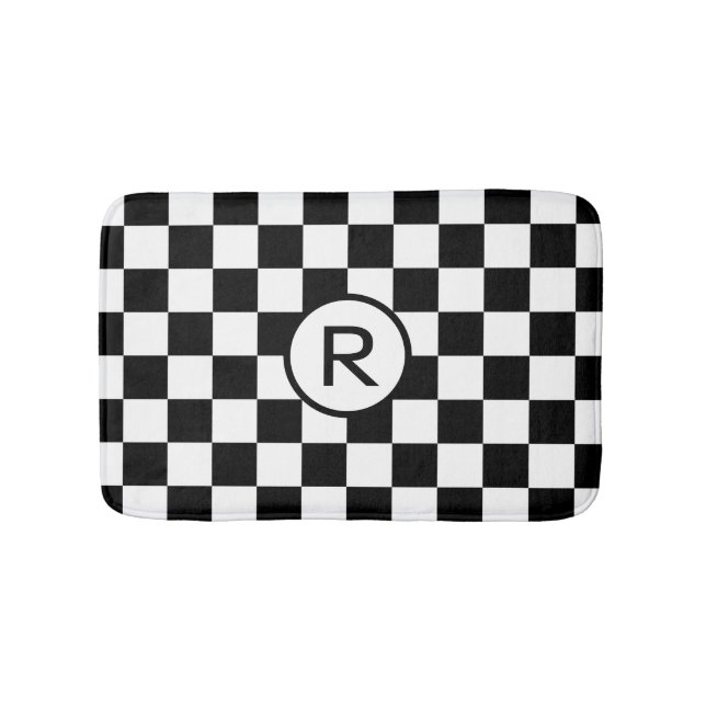 Classic Black and White Checkered Pattern Monogram Bath Mat (Front)