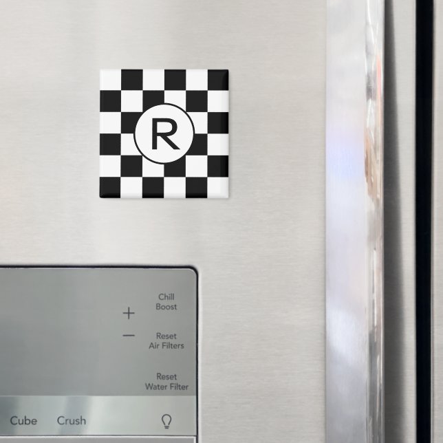 Classic Black and White Checkered Pattern Monogram Magnet (In Situ (Fridge))