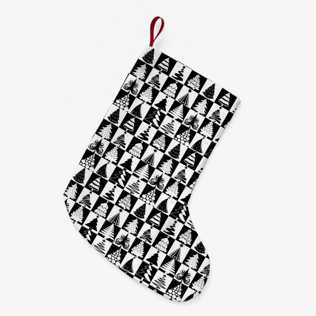 Classic Black And White Christmas Trees Pattern Small Christmas Stocking (Front (Hanging))