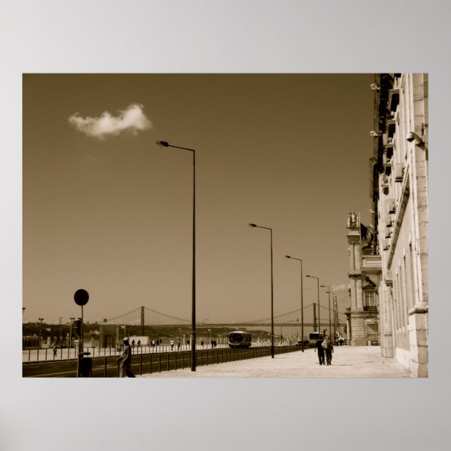 Classic Black and White City Street in Lisbon Poster (Front)