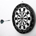 Classic Black and White Custom Family Name Message Dart Board<br><div class="desc">A classic dartboard design with alternating black and white triangles.
Above and below there are the name and a message as arched text, in caps.</div>
