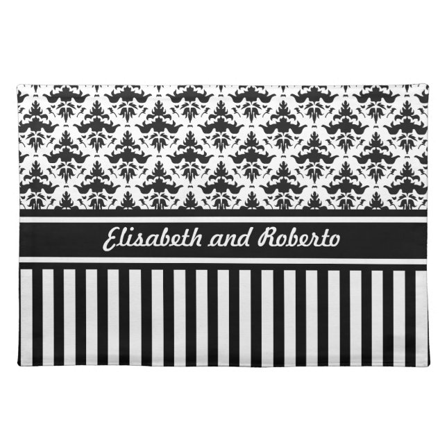 Classic Black and White Damask Wedding Custom Cloth Placemat (Front)