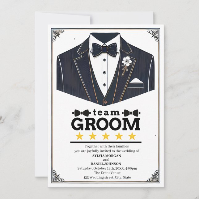 Classic Black and White Elegant Text Team Groom Invitation (Front)