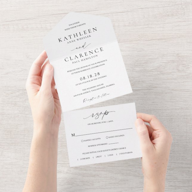 Classic Black and White Elegant Wedding All In One Invitation (Tearaway)