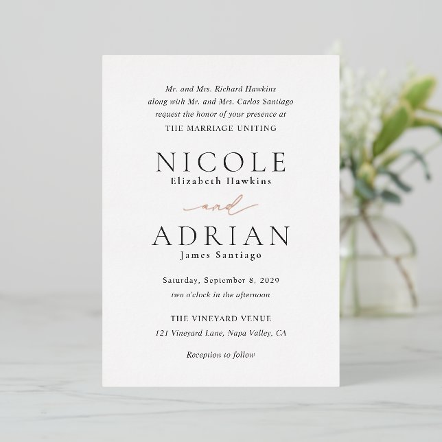 Classic Black and White Elegant Wedding Foil Invitation (Standing Front)