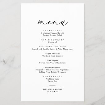 Classic Black and White Elegant Wedding Menu | Zazzle