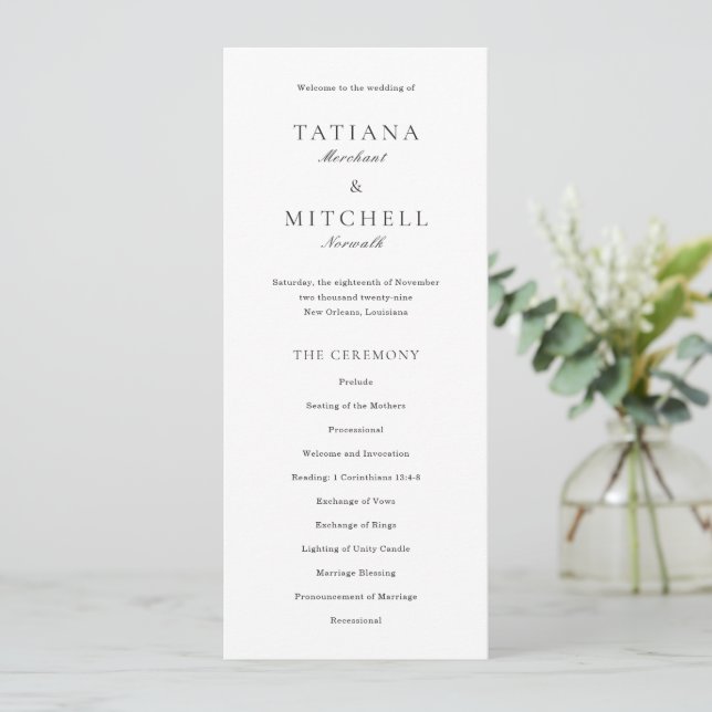 Classic Black and White Elegant Wedding Program (Standing Front)