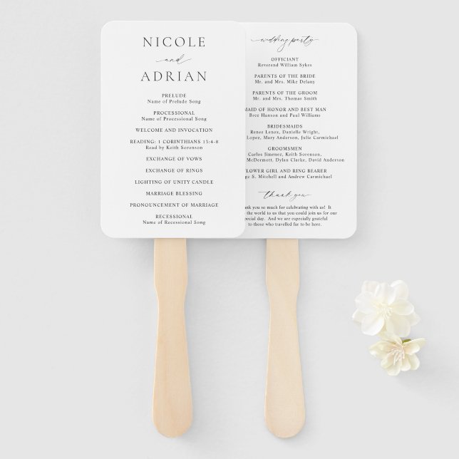 Classic Black and White Elegant Wedding Program Hand Fan (Front and Back)
