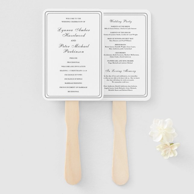 Classic Black and White Elegant Wedding Program Hand Fan (Front and Back)